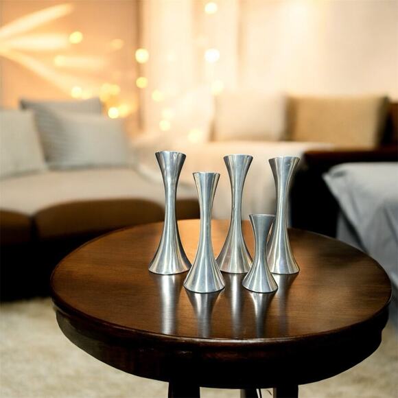 5 New Stainless Steal Hourglass Candle Sticks-MCM- Scandinavian Design- 8”6”4” - Picture 6 of 11
